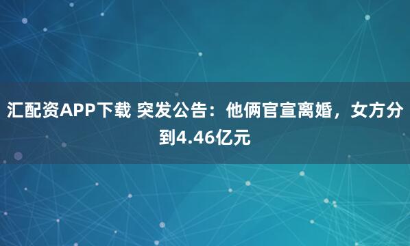 汇配资APP下载 突发公告：他俩官宣离婚，女方分到4.46亿元